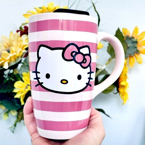 NWT Gorgeous Hello Kitty Pink Striped Glossy Ceramic Tall Travel Mug with lid - Picture 9 of 16